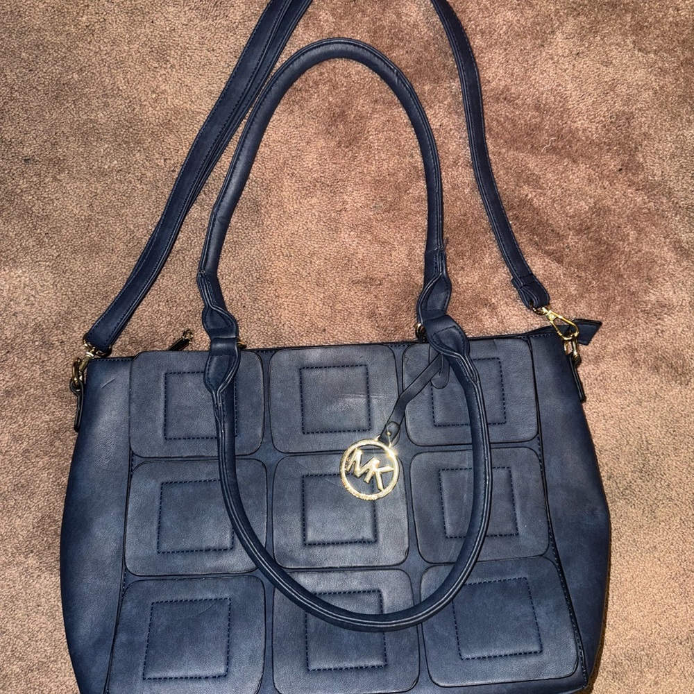 Michael Kors Navy Quilted Shoulder Tote with Gold MK Charm